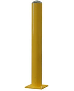 surface mount bollard - 3’ long x 4.5” OD Sch40 Bollard Yellow Powder Coated Round Top with 8” x 8” x ½” plate